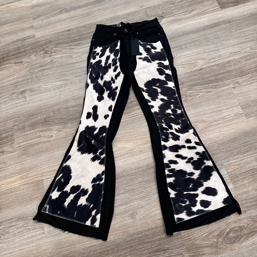 Black and White Cow Print Flare Jeans Inseam 30